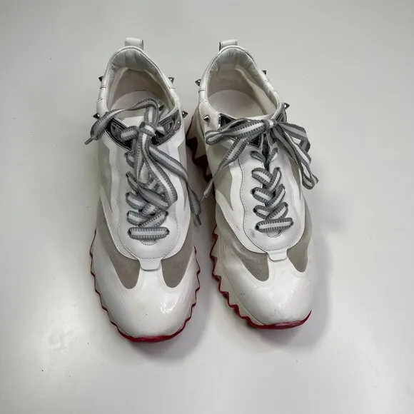 Christian Louboutin Womens White &amp; Red Mesh Sharkina Patent Lace Up Sneaker 38