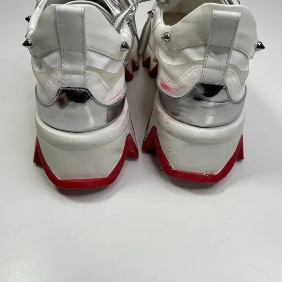 Christian Louboutin Womens White &amp; Red Mesh Sharkina Patent Lace Up Sneaker 38