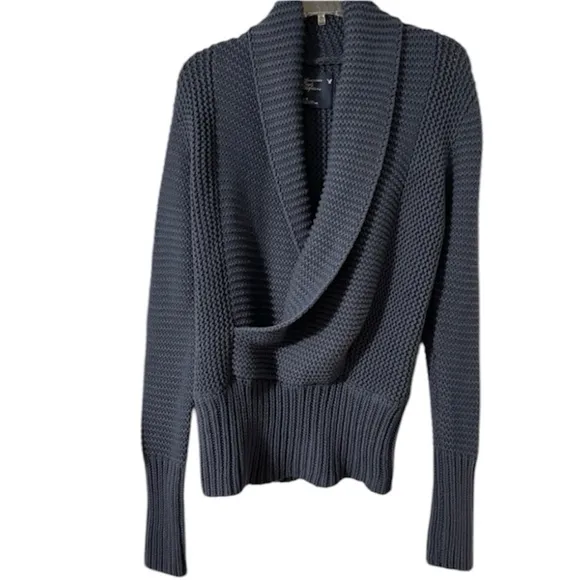 Chunky Knit Sweater Shawl Collar Wrap Front Vneck Vintage Dye Blue Size Large