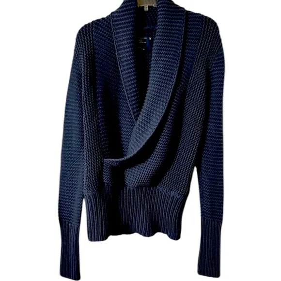 Chunky Knit Sweater Shawl Collar Wrap Front Vneck Vintage Dye Blue Size Large