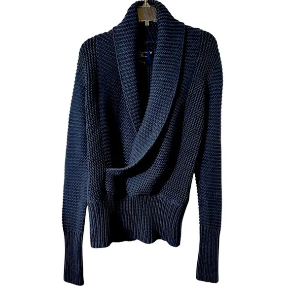 Chunky Knit Sweater Shawl Collar Wrap Front Vneck Vintage Dye Blue Size Large