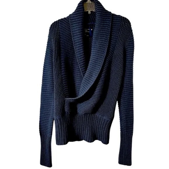 Chunky Knit Sweater Shawl Collar Wrap Front Vneck Vintage Dye Blue Size Large