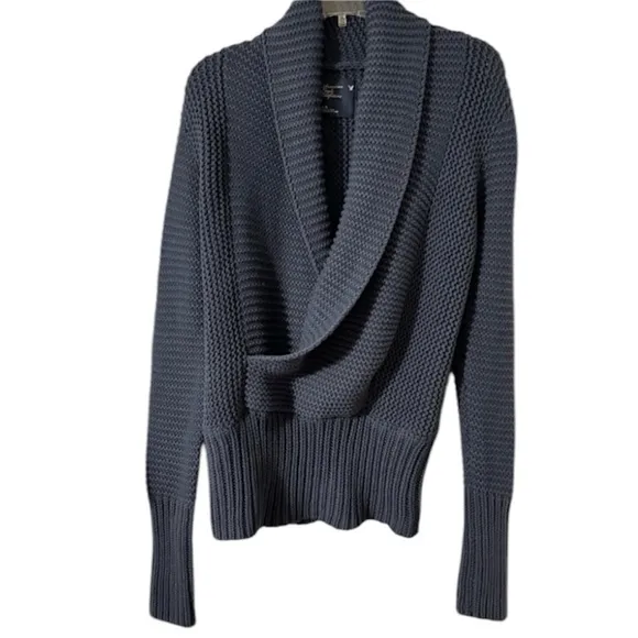Chunky Knit Sweater Shawl Collar Wrap Front Vneck Vintage Dye Blue Size Large