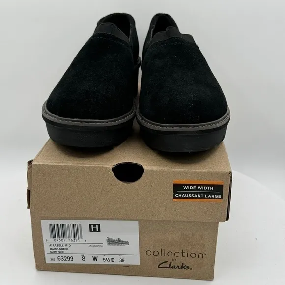 CLARKS AIRABELL MID LOAFER WOMENS BLACK SUEDE  SIZE 8 WIDE  NEW!!!!!!