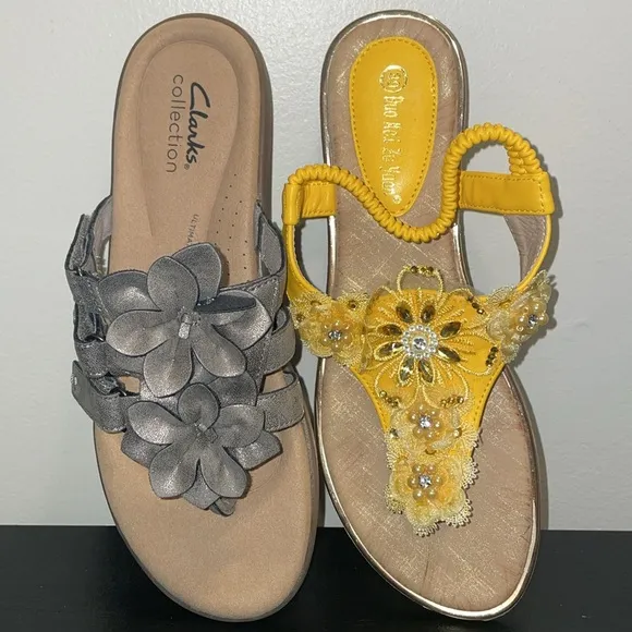 Clark’s Elizabelle Mae Pewter Metallic. Size 8.5-9.  Floral Embellishments. NWOT