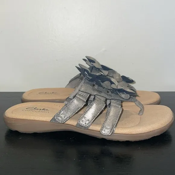 Clark’s Elizabelle Mae Pewter Metallic. Size 8.5-9.  Floral Embellishments. NWOT