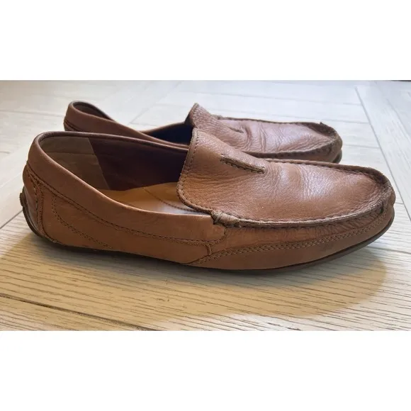 Clark's Men Soft Cushion Carmel Brown Leather Slip On Driving Shoes. Sz 10.5M