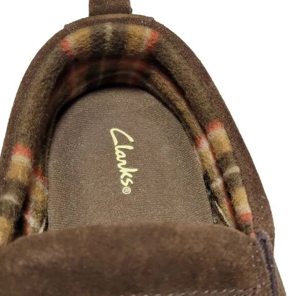 Clarks Slippers Mens Size 12 Slip On Brown Suede Indoor Outdoor Removable Insole