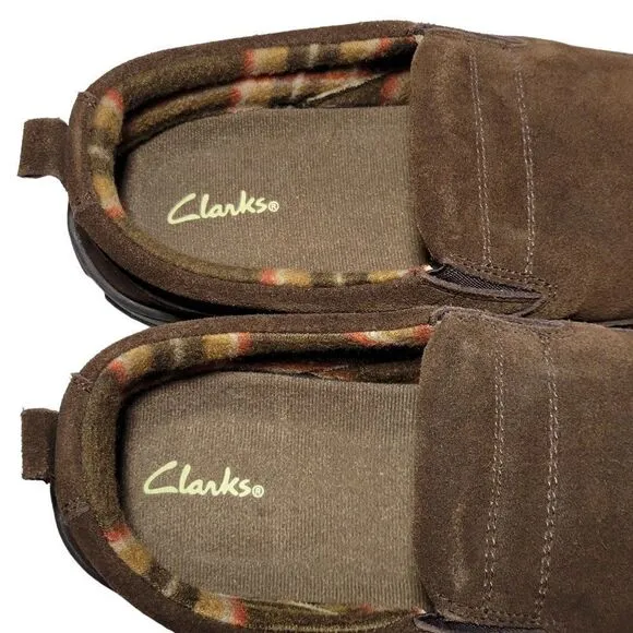 Clarks Slippers Mens Size 12 Slip On Brown Suede Indoor Outdoor Removable Insole