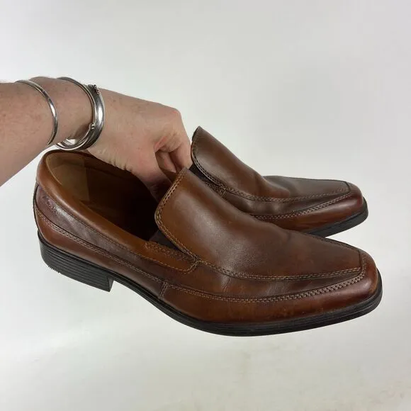 Clarks Tilden Shoes Men's 9.5 Dark Tan Leather Comfort Slip-On Dress Formal