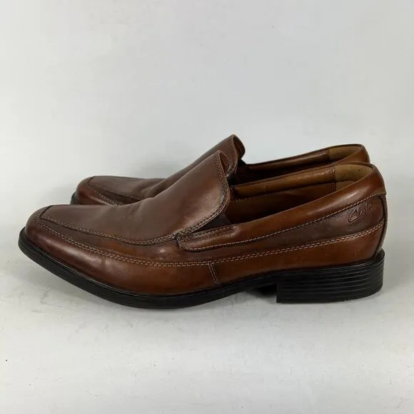 Clarks Tilden Shoes Men's 9.5 Dark Tan Leather Comfort Slip-On Dress Formal