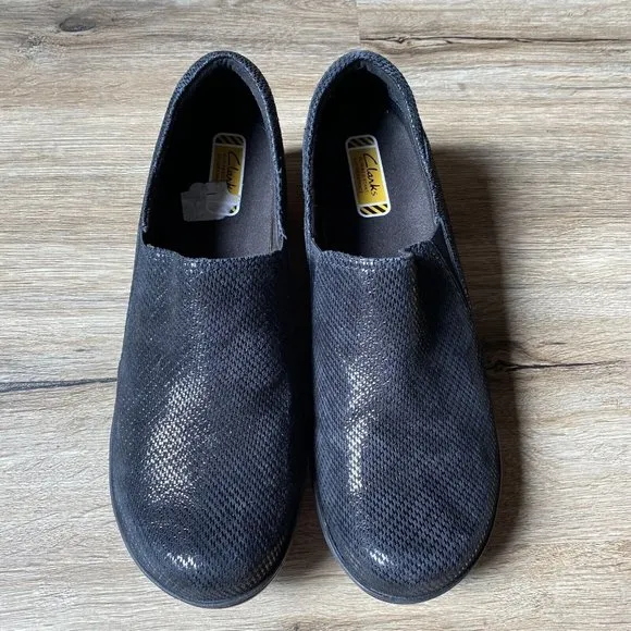 Clarks Women's Wedge Slip On Clogs Shoes Slip Resistant Black Size 10