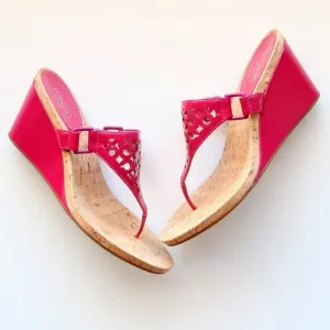 Coach Brookk Fuchsia Pink Patent Leather Thong Slip On Wedge Heel Mule Sandals