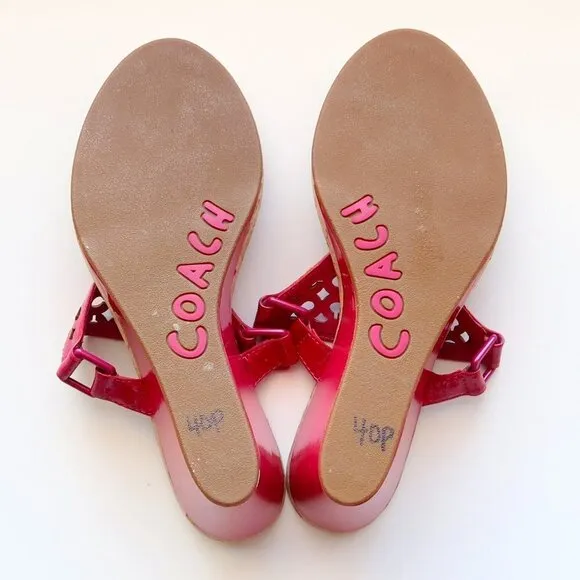Coach Brookk Fuchsia Pink Patent Leather Thong Slip On Wedge Heel Mule Sandals
