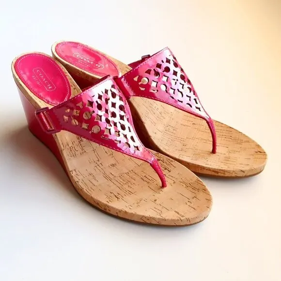 Coach Brookk Fuchsia Pink Patent Leather Thong Slip On Wedge Heel Mule Sandals