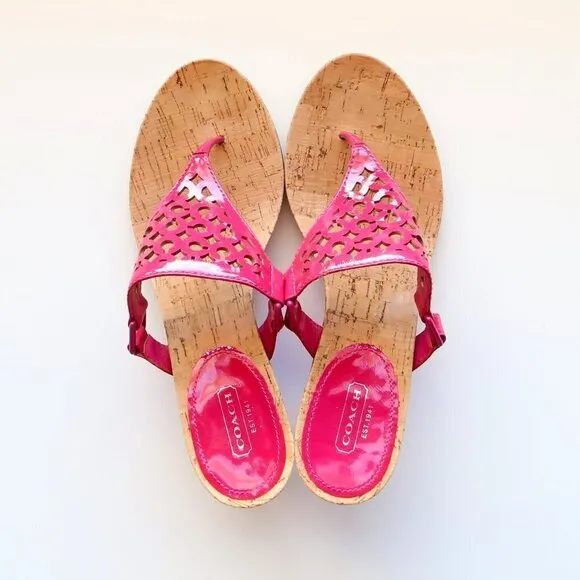 Coach Brookk Fuchsia Pink Patent Leather Thong Slip On Wedge Heel Mule Sandals