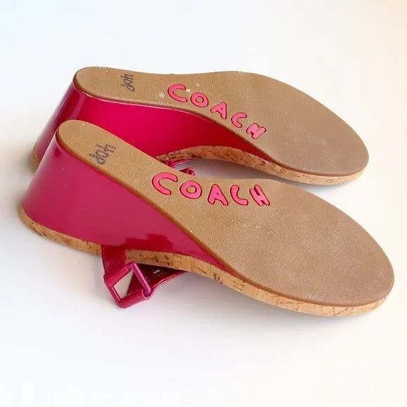 Coach Brookk Fuchsia Pink Patent Leather Thong Slip On Wedge Heel Mule Sandals
