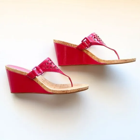 Coach Brookk Fuchsia Pink Patent Leather Thong Slip On Wedge Heel Mule Sandals