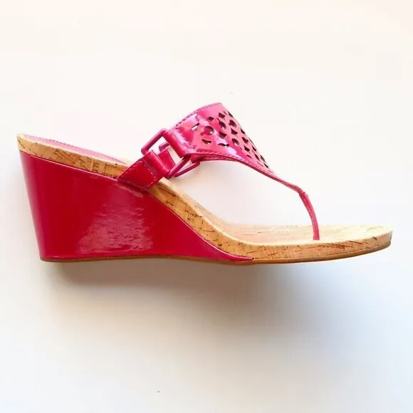 Coach Brookk Fuchsia Pink Patent Leather Thong Slip On Wedge Heel Mule Sandals