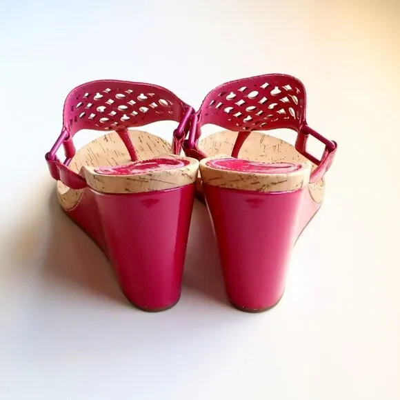 Coach Brookk Fuchsia Pink Patent Leather Thong Slip On Wedge Heel Mule Sandals