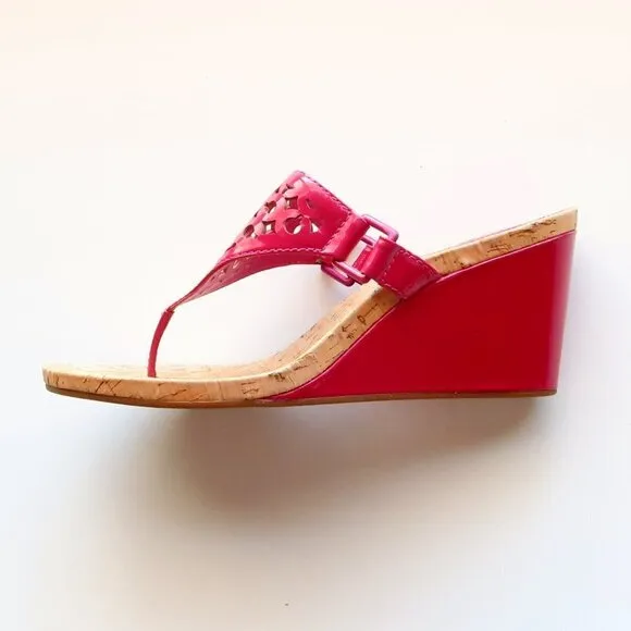 Coach Brookk Fuchsia Pink Patent Leather Thong Slip On Wedge Heel Mule Sandals