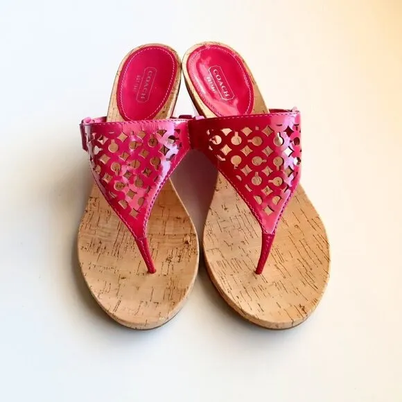 Coach Brookk Fuchsia Pink Patent Leather Thong Slip On Wedge Heel Mule Sandals