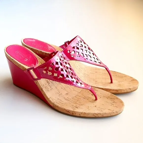 Coach Brookk Fuchsia Pink Patent Leather Thong Slip On Wedge Heel Mule Sandals