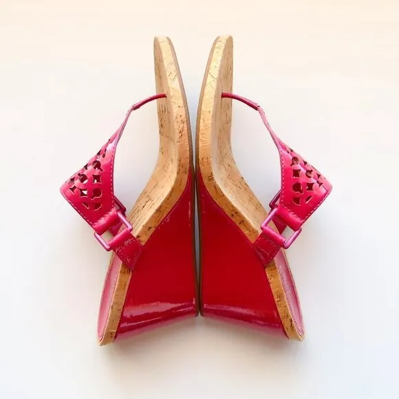 Coach Brookk Fuchsia Pink Patent Leather Thong Slip On Wedge Heel Mule Sandals