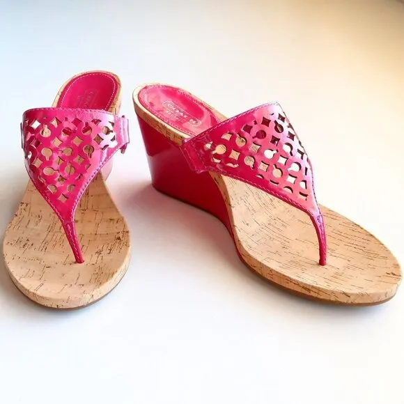 Coach Brookk Fuchsia Pink Patent Leather Thong Slip On Wedge Heel Mule Sandals