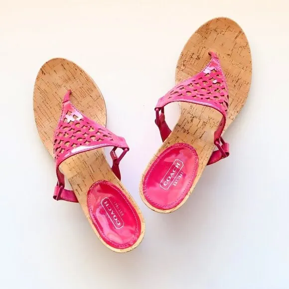 Coach Brookk Fuchsia Pink Patent Leather Thong Slip On Wedge Heel Mule Sandals