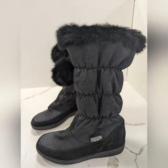 COACH Theona black logo front zip rabbit fur slouchy Winter Waterproof boots 7.5