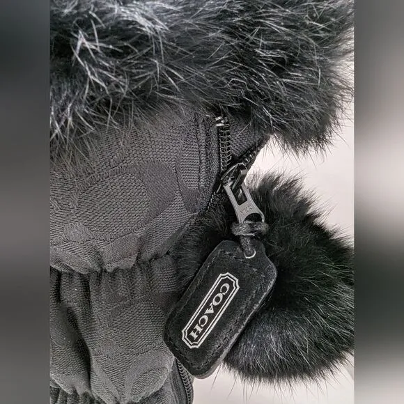 COACH Theona black logo front zip rabbit fur slouchy Winter Waterproof boots 7.5
