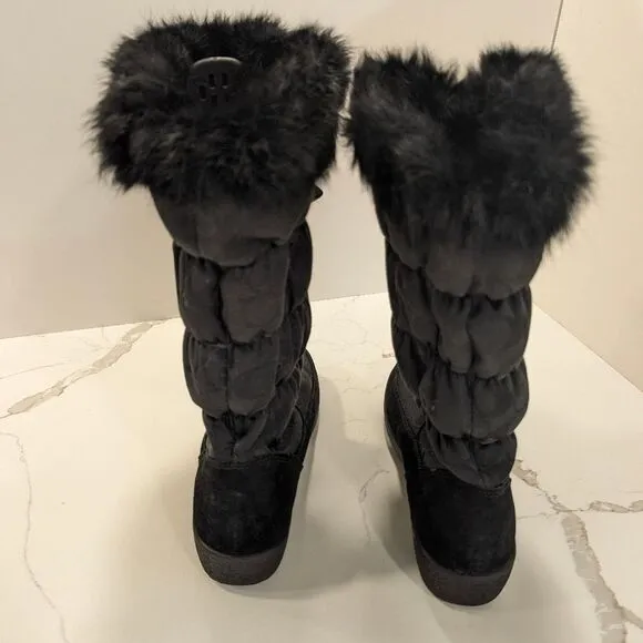 COACH Theona black logo front zip rabbit fur slouchy Winter Waterproof boots 7.5