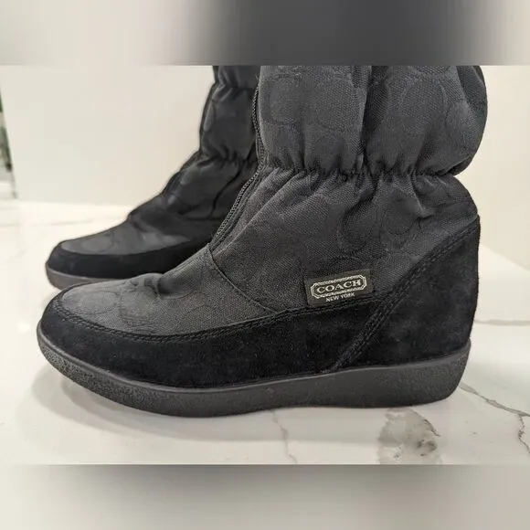 COACH Theona black logo front zip rabbit fur slouchy Winter Waterproof boots 7.5
