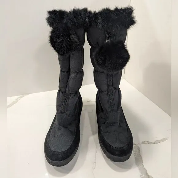 COACH Theona black logo front zip rabbit fur slouchy Winter Waterproof boots 7.5