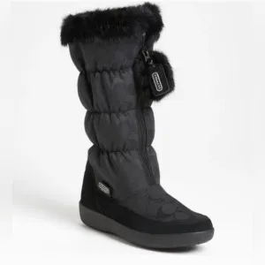 COACH Theona black logo front zip rabbit fur slouchy Winter Waterproof boots 7.5