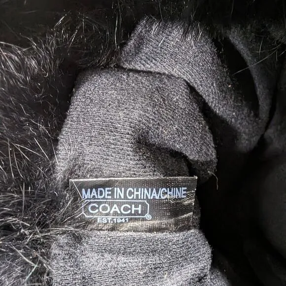 COACH Theona black logo front zip rabbit fur slouchy Winter Waterproof boots 7.5