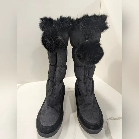 COACH Theona black logo front zip rabbit fur slouchy Winter Waterproof boots 7.5