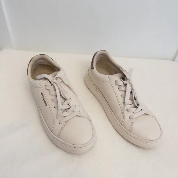 Coach White Leather Sneakers Size 7.5B Signature Logo Heel Low-Top Shoes