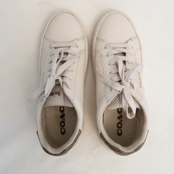 Coach White Leather Sneakers Size 7.5B Signature Logo Heel Low-Top Shoes