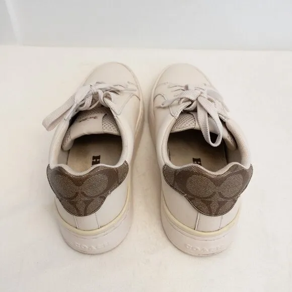 Coach White Leather Sneakers Size 7.5B Signature Logo Heel Low-Top Shoes