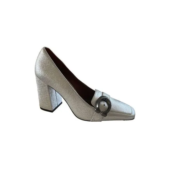 Coach Womens Silver 85mm Buckle Square Toe Metallic Jade Pump Shoes Size 5