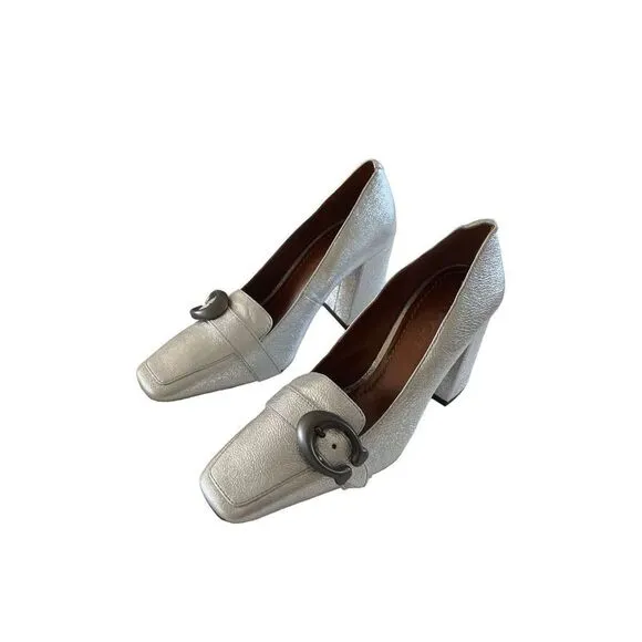 Coach Womens Silver 85mm Buckle Square Toe Metallic Jade Pump Shoes Size 5