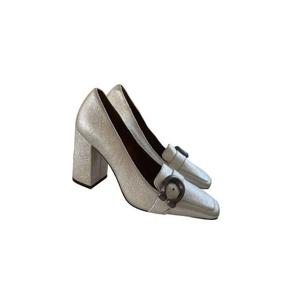 Coach Womens Silver 85mm Buckle Square Toe Metallic Jade Pump Shoes Size 5