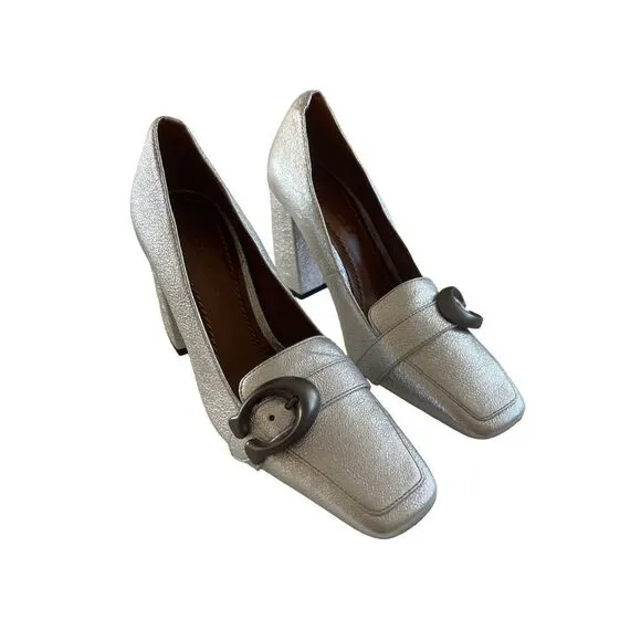 Coach Womens Silver 85mm Buckle Square Toe Metallic Jade Pump Shoes Size 5