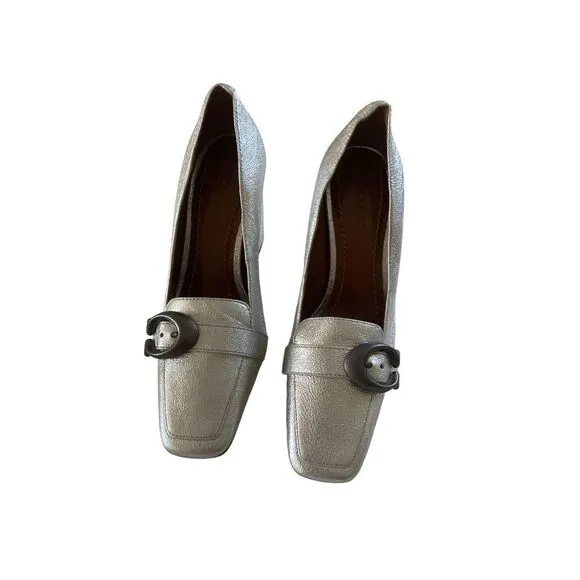 Coach Womens Silver 85mm Buckle Square Toe Metallic Jade Pump Shoes Size 5