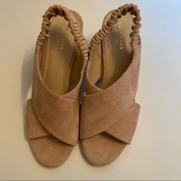 COLE HAAN GRAND OS Shoes Heels NEW Tan Suede Leather Open Toe Strap Size 8 B