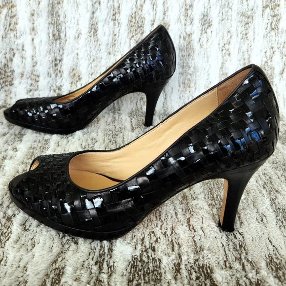 Cole Haan Nike Air &quot;Genevieve&quot; Peep Toe Pump Heels Black Leather Womens Size 8.5