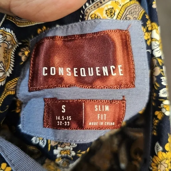 CONSEQUENCE Slim fit size small men Paisley shirt.