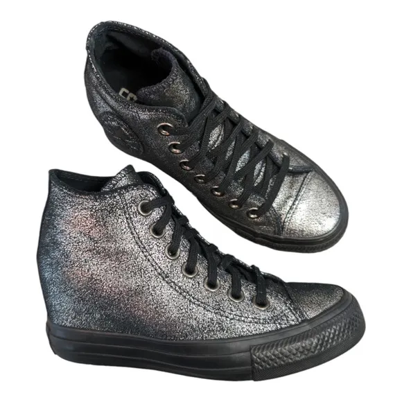 Converse 2017 Lux Mid Hidden Wedge Heel Metallic Sparkle Black Womens Sneaker 5
